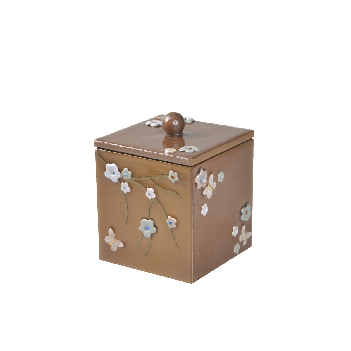 Container of Mike and Ally Mikado Bath Accessories in Cocoa, Gold and Pastel colors