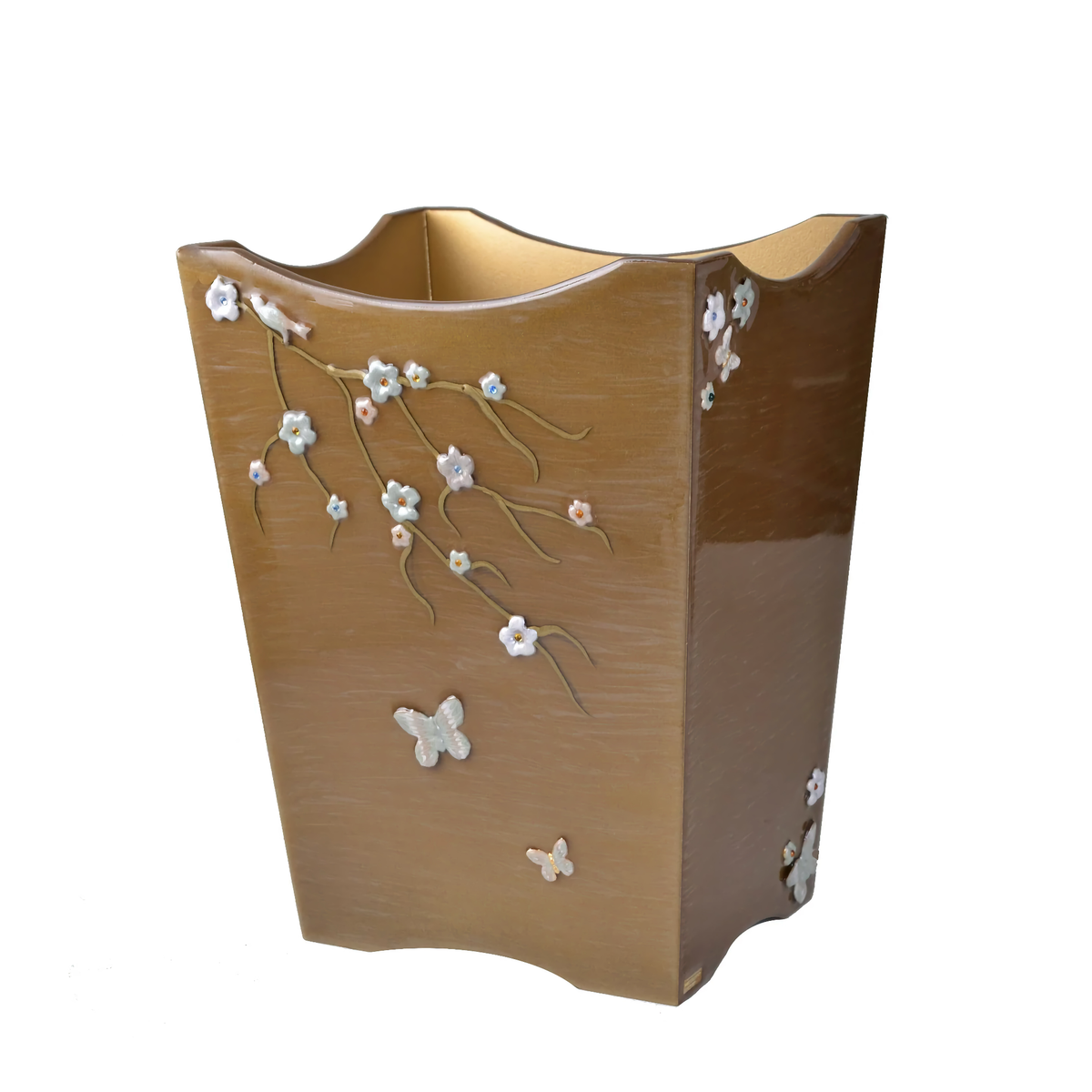 Wastebasket of Mike and Ally Mikado Bath Accessories in Cocoa, Gold and Pastel colors