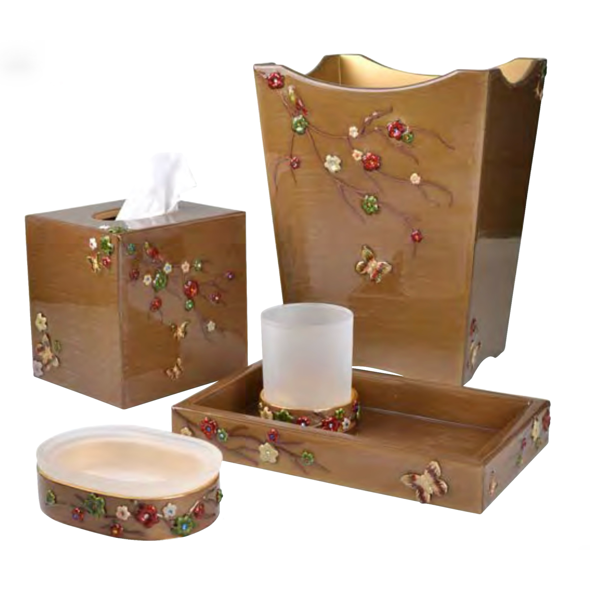 Set of Mike and Ally Mikado Bath Accessories in Cocoa, Gold and Autumnal colors