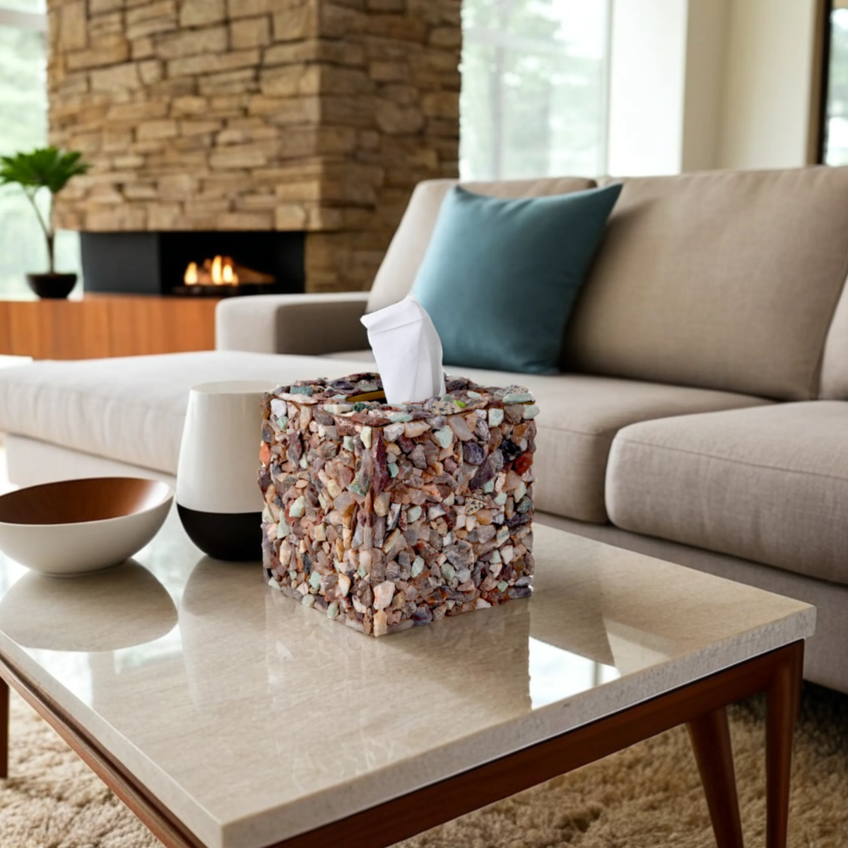 Mike and Ally Mojave Bath Accessories Tissue box on a coffee table in a living room with a fireplace and sofa.