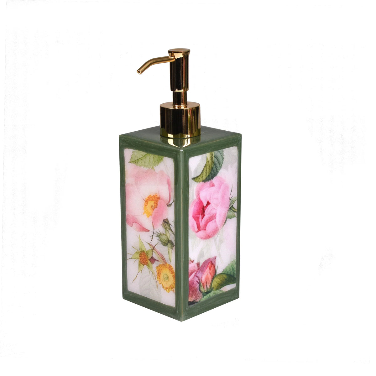 Square lotion dispenser with a gold pump of Mike and Ally Paperwerks Bath Accessories Farmhouse Collection