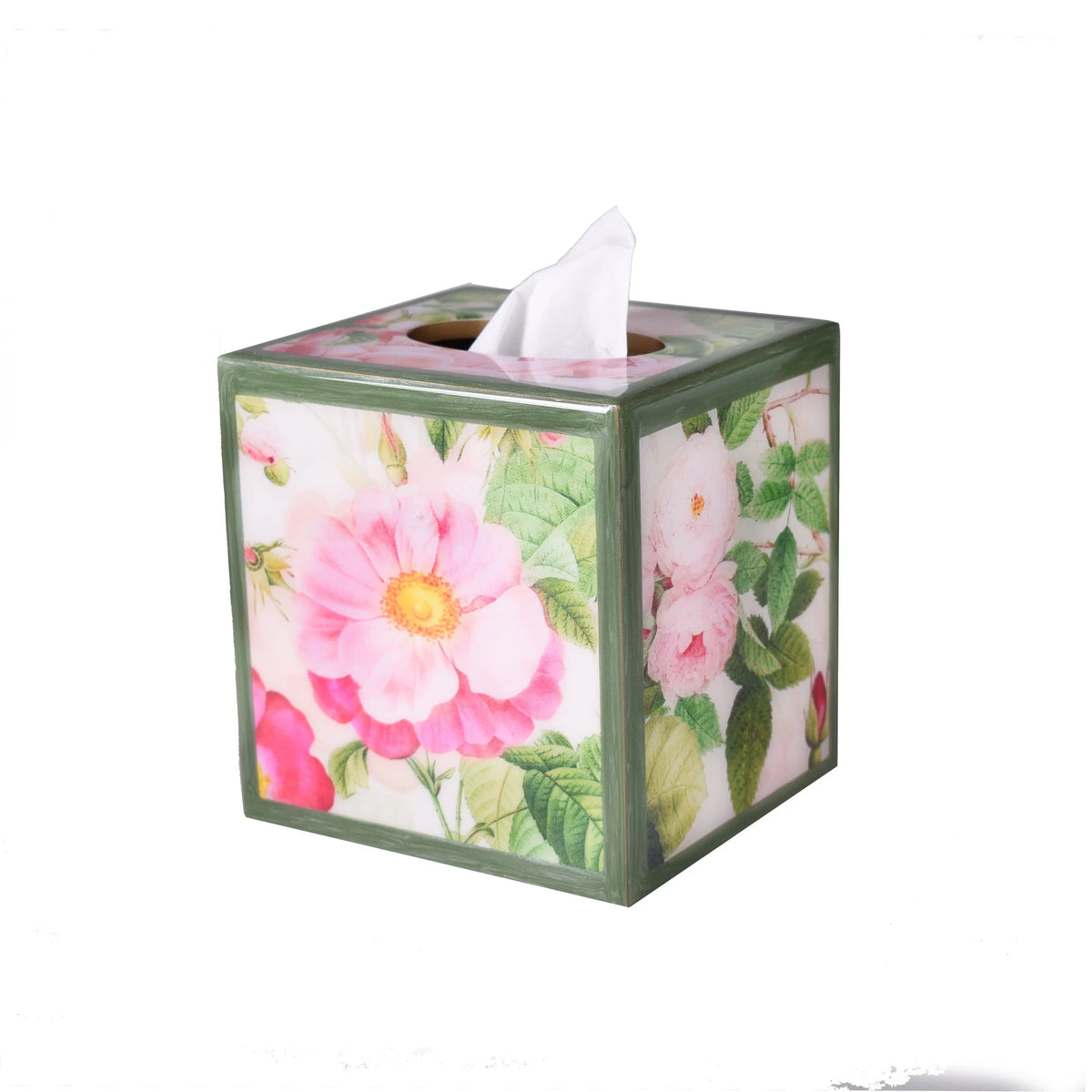 A square tissue box of Mike and Ally Paperwerks Bath Accessories Farmhouse Collection with tissue protruding from the top