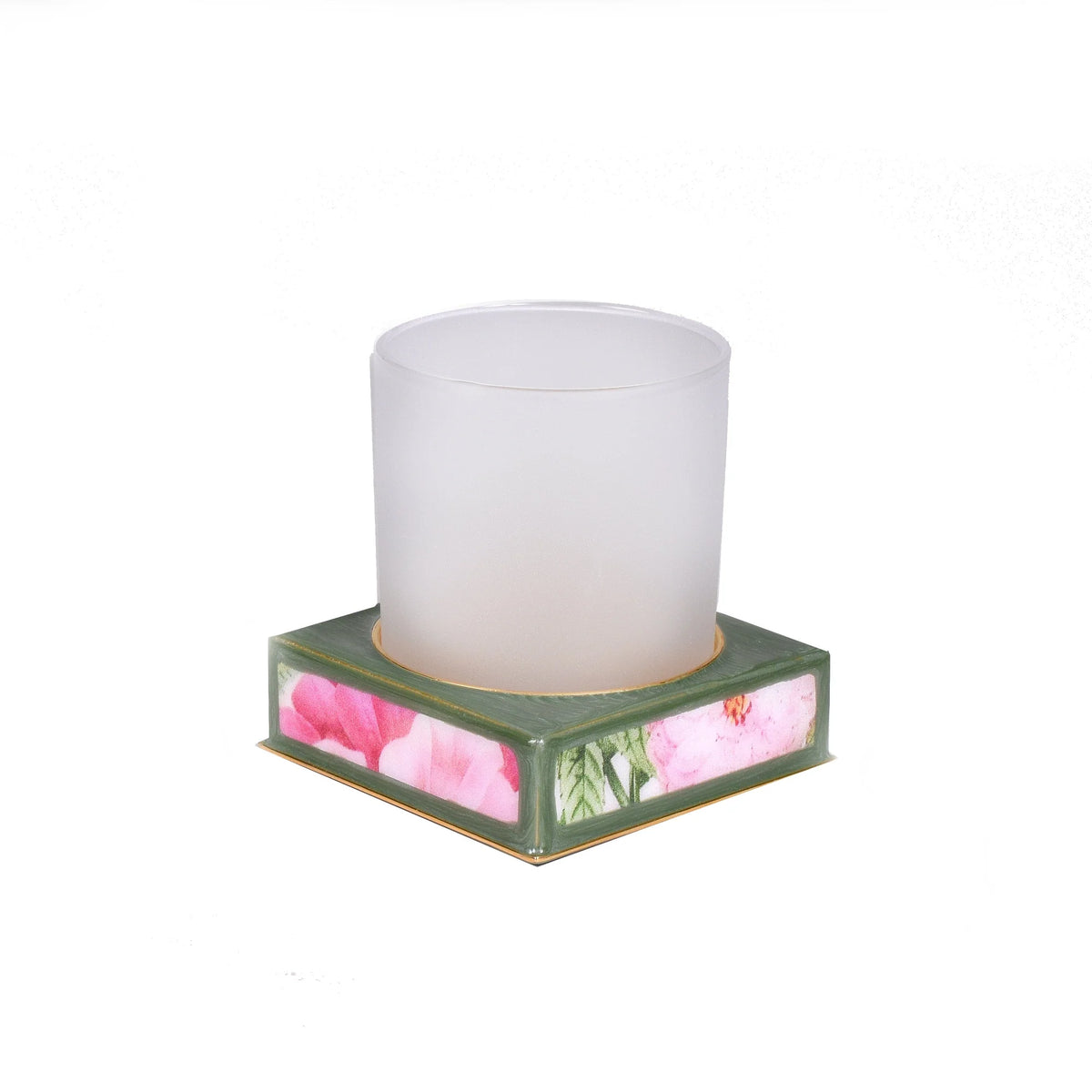 A frosted tumbler on a square base part of Mike and Ally Paperwerks Bath Accessories Farmhouse Collection
