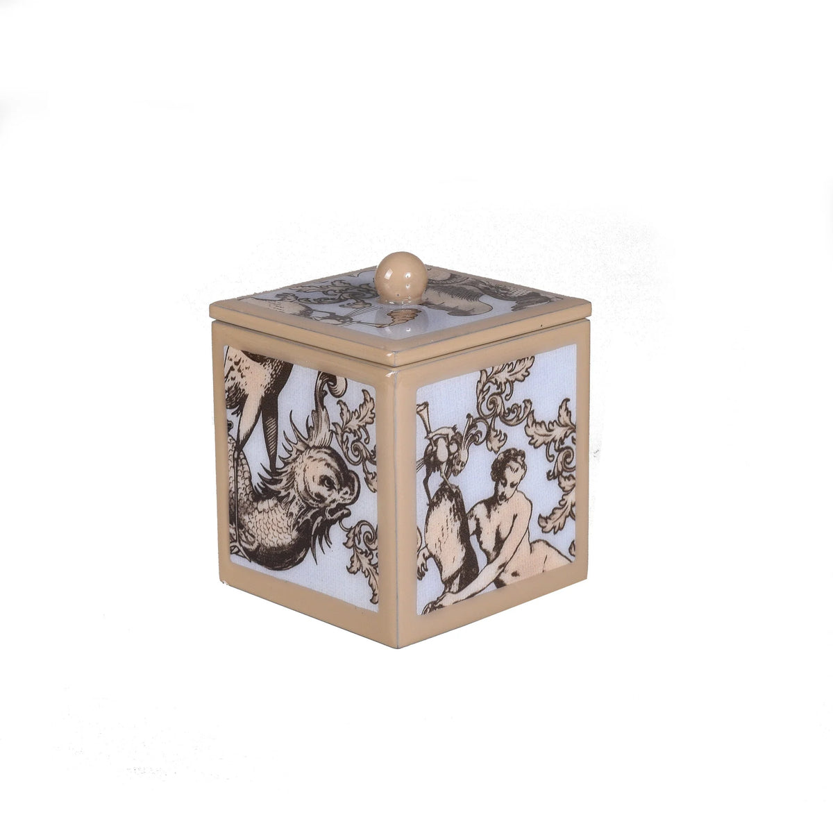 A square container with a lid and round knob of Mike and Ally Paperwerks Bath Accessories Nautilus Collection