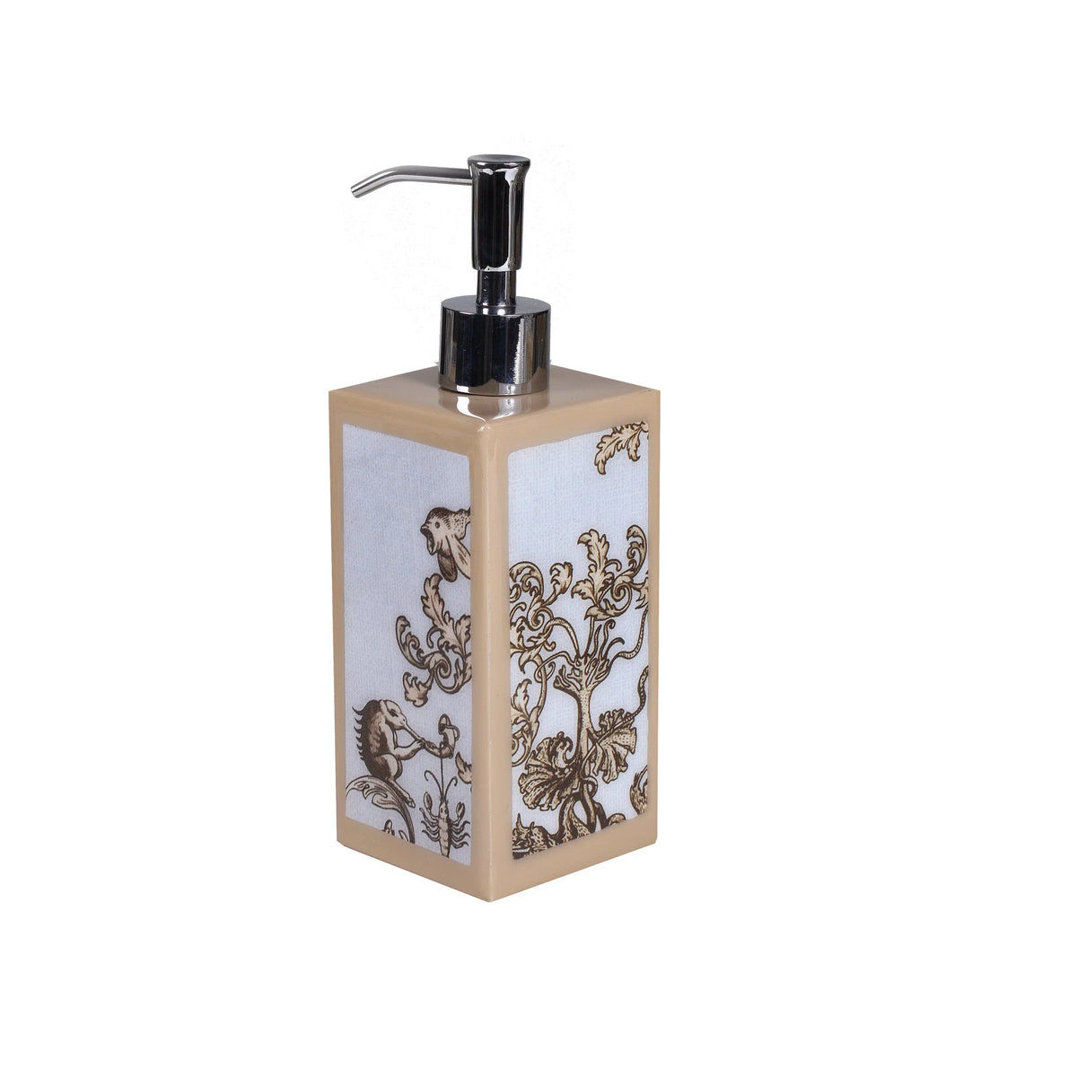 Square lotion dispenser with a silver pump of Mike and Ally Paperwerks Bath Accessories Nautilus Collection