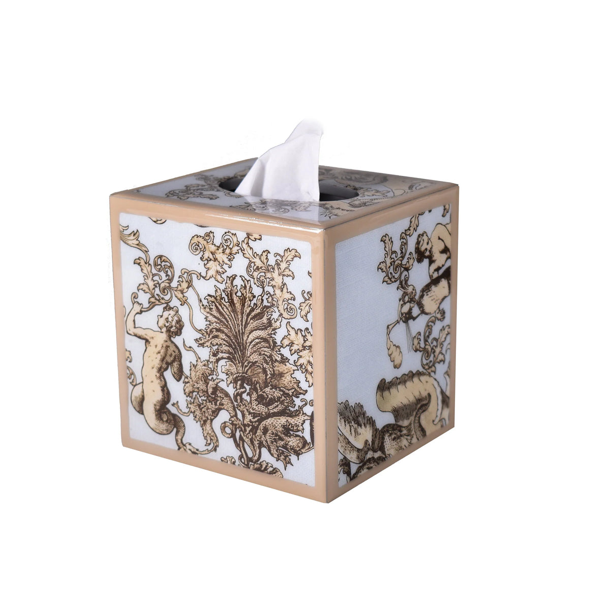A square tissue box of Mike and Ally Paperwerks Bath Accessories Nautilus Collection with tissue protruding from the top