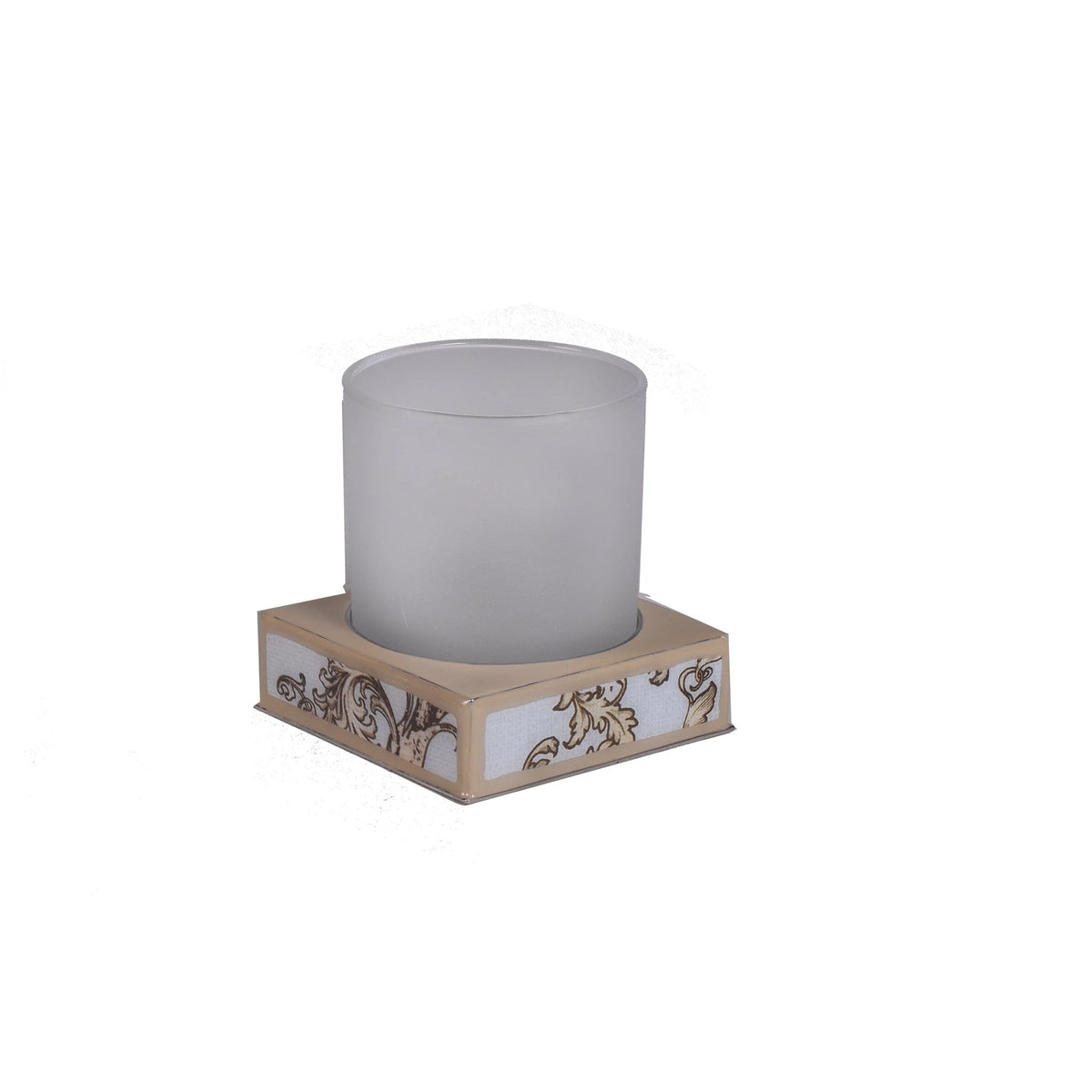 A frosted tumbler on a square base part of Mike and Ally Paperwerks Bath Accessories Nautilus Collection