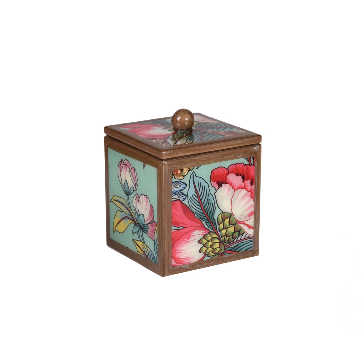 A square container with a lid and round knob of Mike and Ally Paperwerks Bath Accessories Paradise Collection