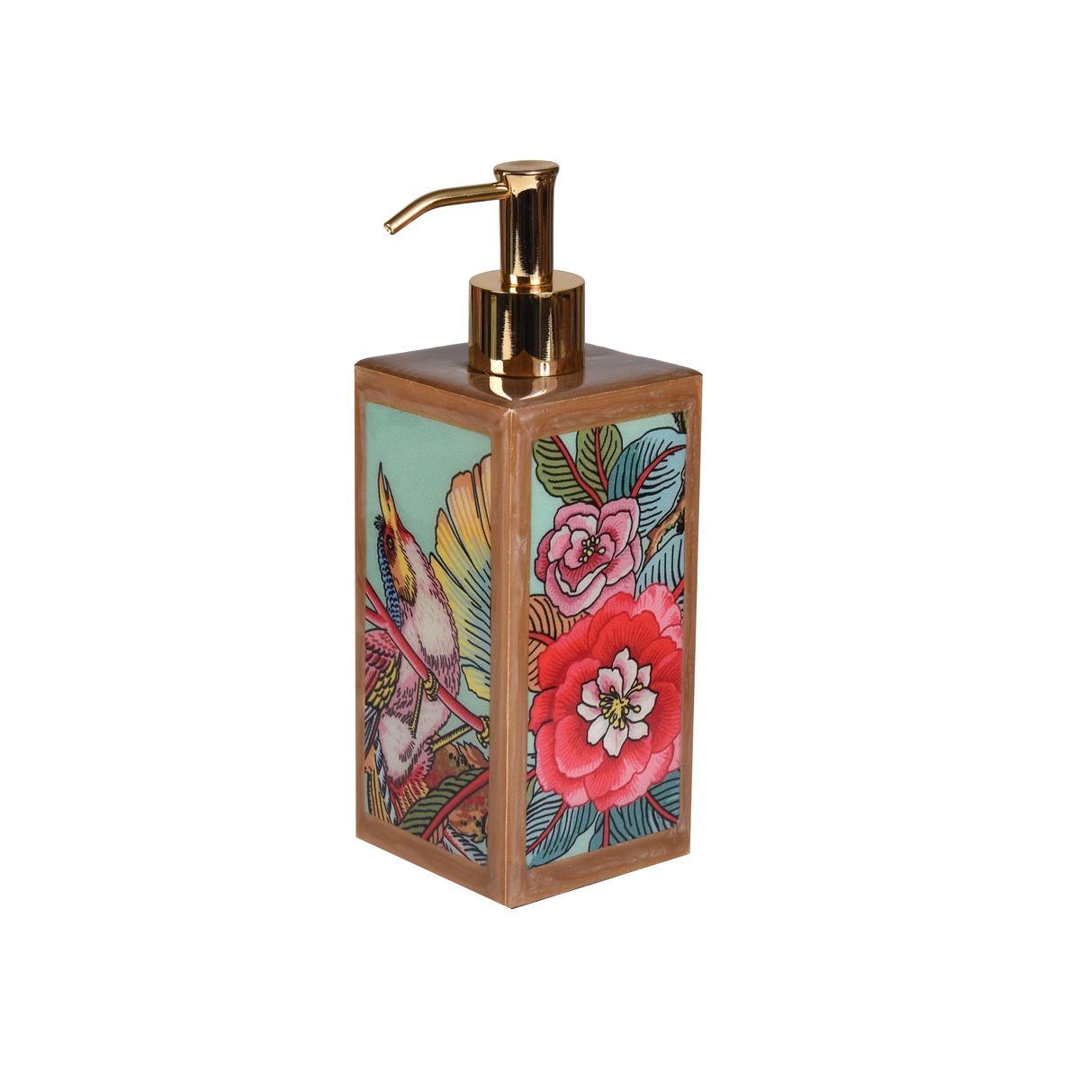 Square lotion dispenser with a gold pump of Mike and Ally Paperwerks Bath Accessories Paradise Collection