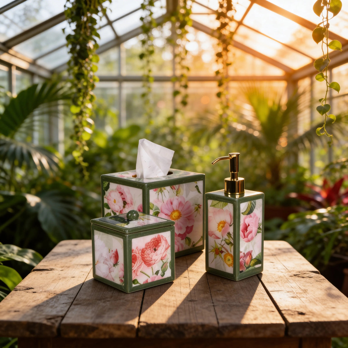 Mike and Ally Paperwerks Bath Accessories Paradise Collection in a greenhouse