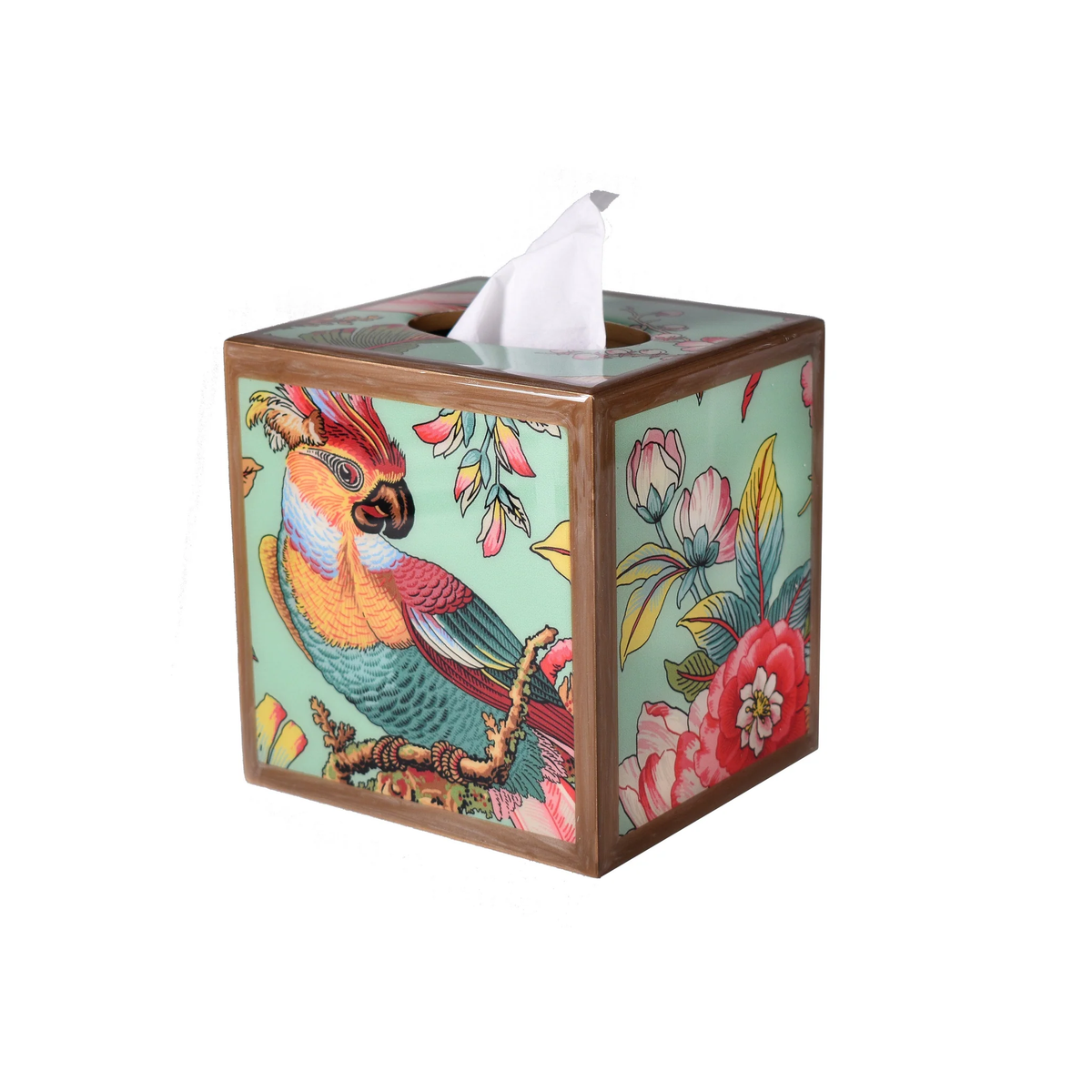 A square tissue box of Mike and Ally Paperwerks Bath Accessories Paradise Collection with tissue protruding from the top