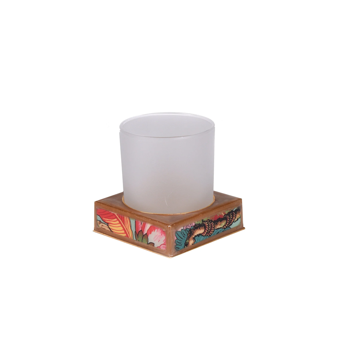 A frosted tumbler on a square base part of Mike and Ally Paperwerks Bath Accessories Paradise Collection