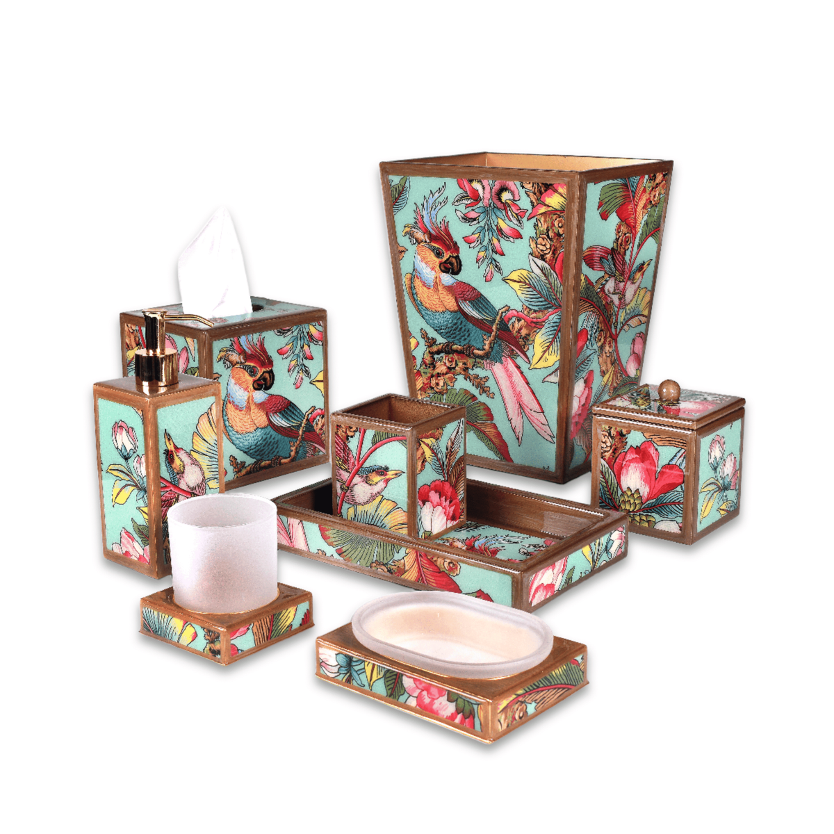 A set of handcrafted Mike and Ally Paperwerks Bath Accessories Paradise Collection