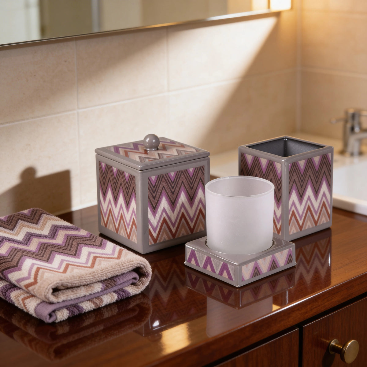 Mike and Ally Paperwerks Bath Accessories Zigzag Collection in a bathroom