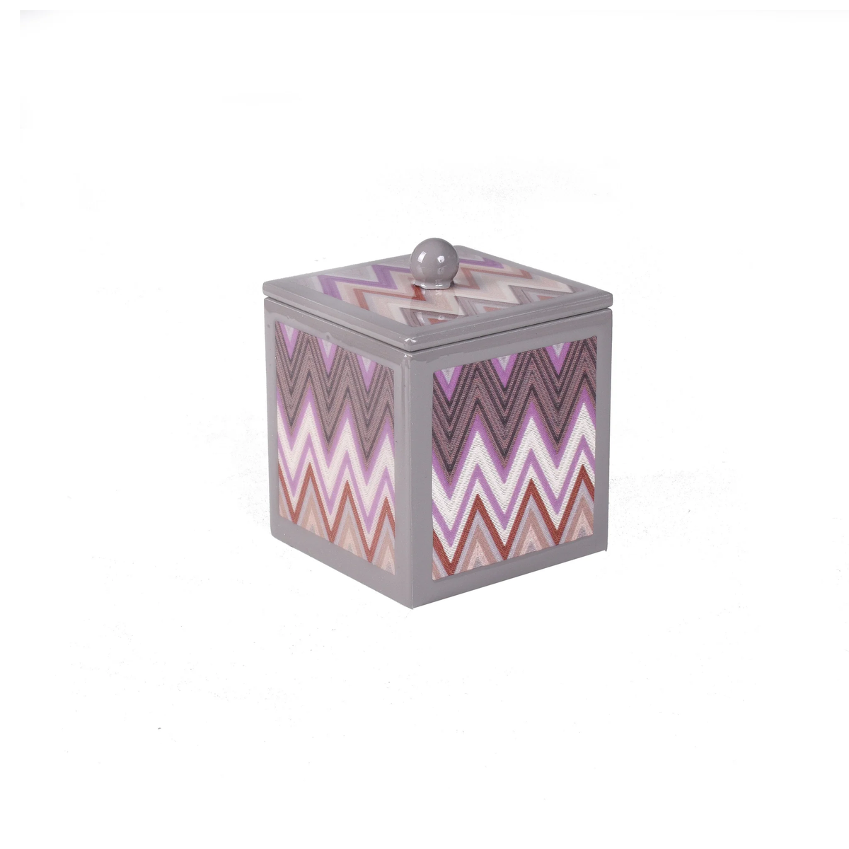 A square container with a lid and round knob of Mike and Ally Paperwerks Bath Accessories Zigzag Collection