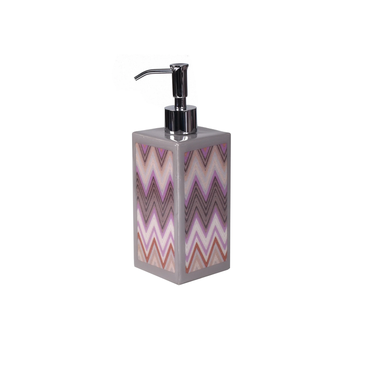 Square lotion dispenser with a silver pump of Mike and Ally Paperwerks Bath Accessories Zigzag Collection