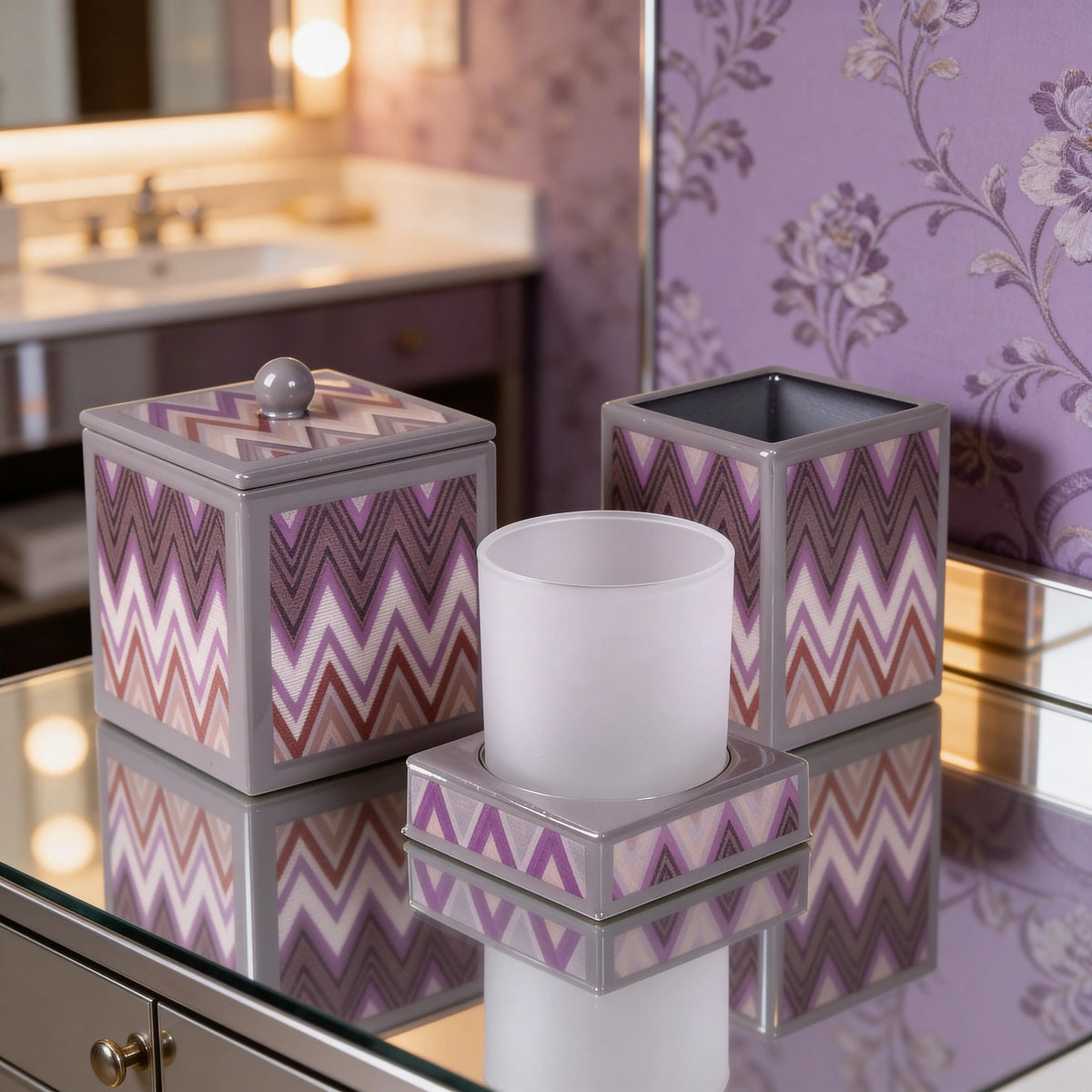 Mike and Ally Paperwerks Bath Accessories Zigzag Collection in a purple bathroom