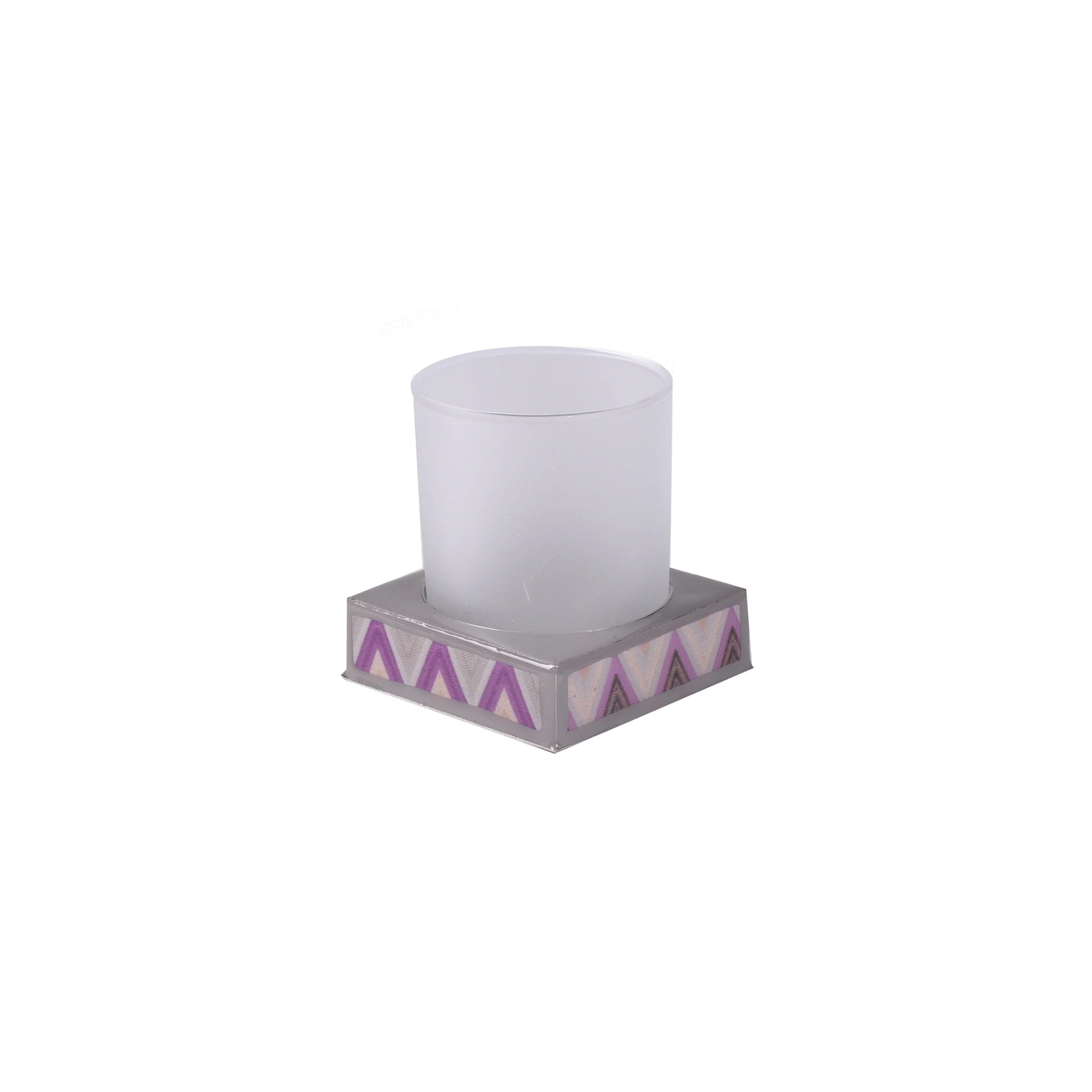 A frosted tumbler on a square base part of Mike and Ally Paperwerks Bath Accessories Zigzag Collection