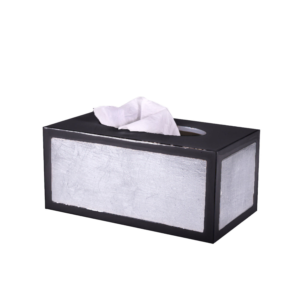 Long Tissue Box of Mike and Ally Savoy Bath Accessories in Black and Silver Leaf