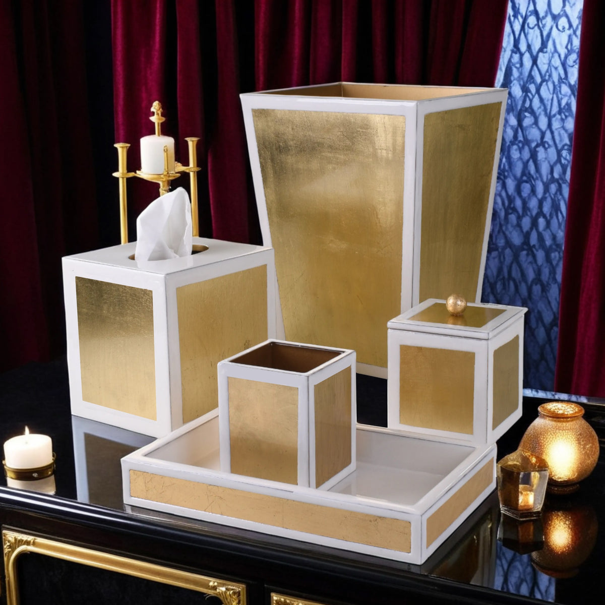Mike and Ally Savoy Bath Accessories in Pearl and Gold Leaf set with candles against a dark background