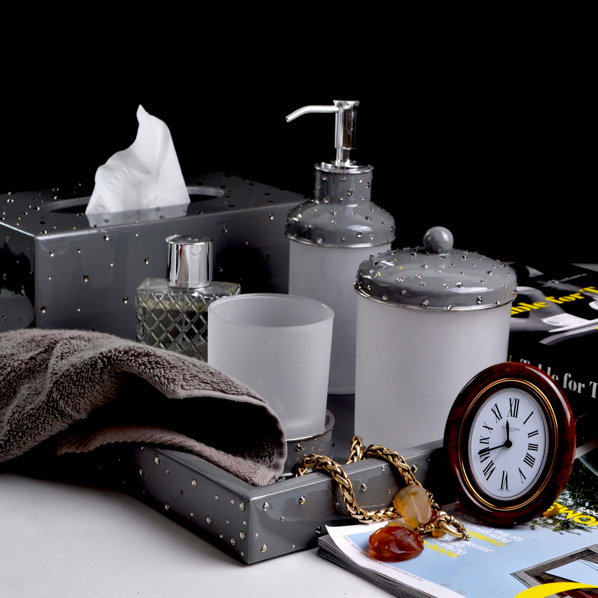 Lifestyle Shot of Mike and Ally Stardust Bath Accessories in Glossy Charcoal