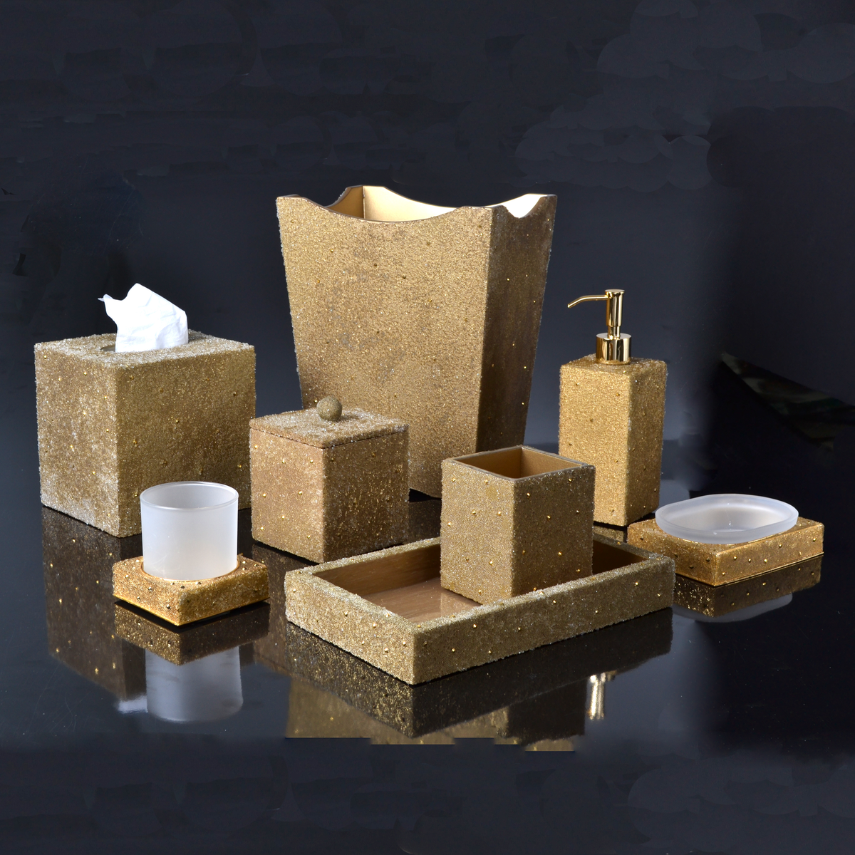 Mike and Ally Valletta Bath Accessories Gold Against Black Background