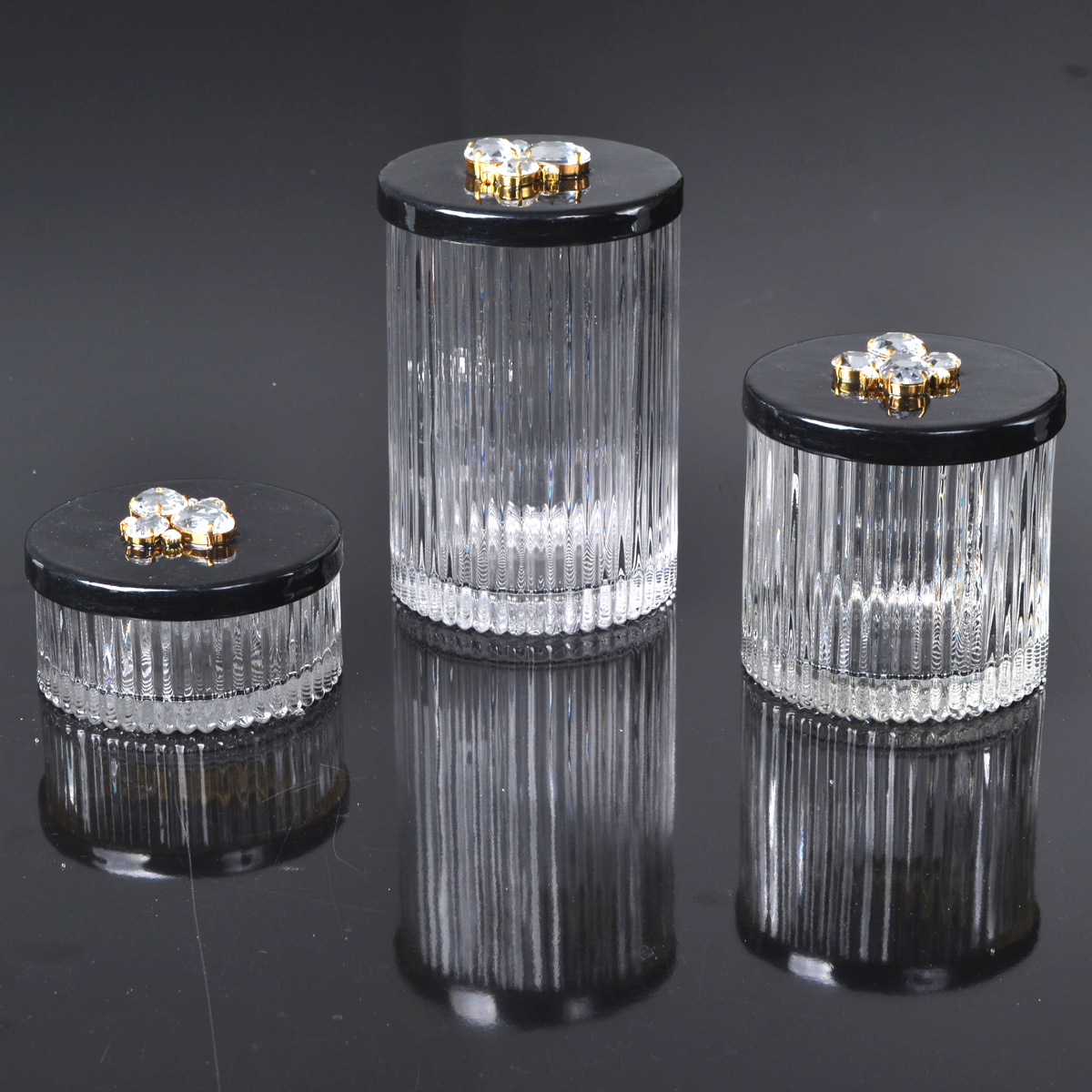 Mike and Ally Vanity Jars Black Enamel Set with Jewel Embellishment on Lid with Refelections