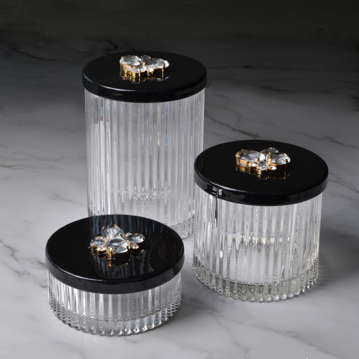 Topview of Mike and Ally Vanity Jars Black Enamel Set with Jewel Embellishment on Lid