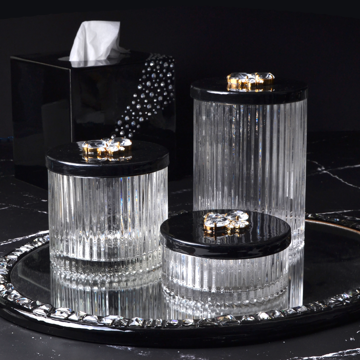 Mike and Ally Vanity Jars Black Enamel Set with Jewel Embellishment on Lid