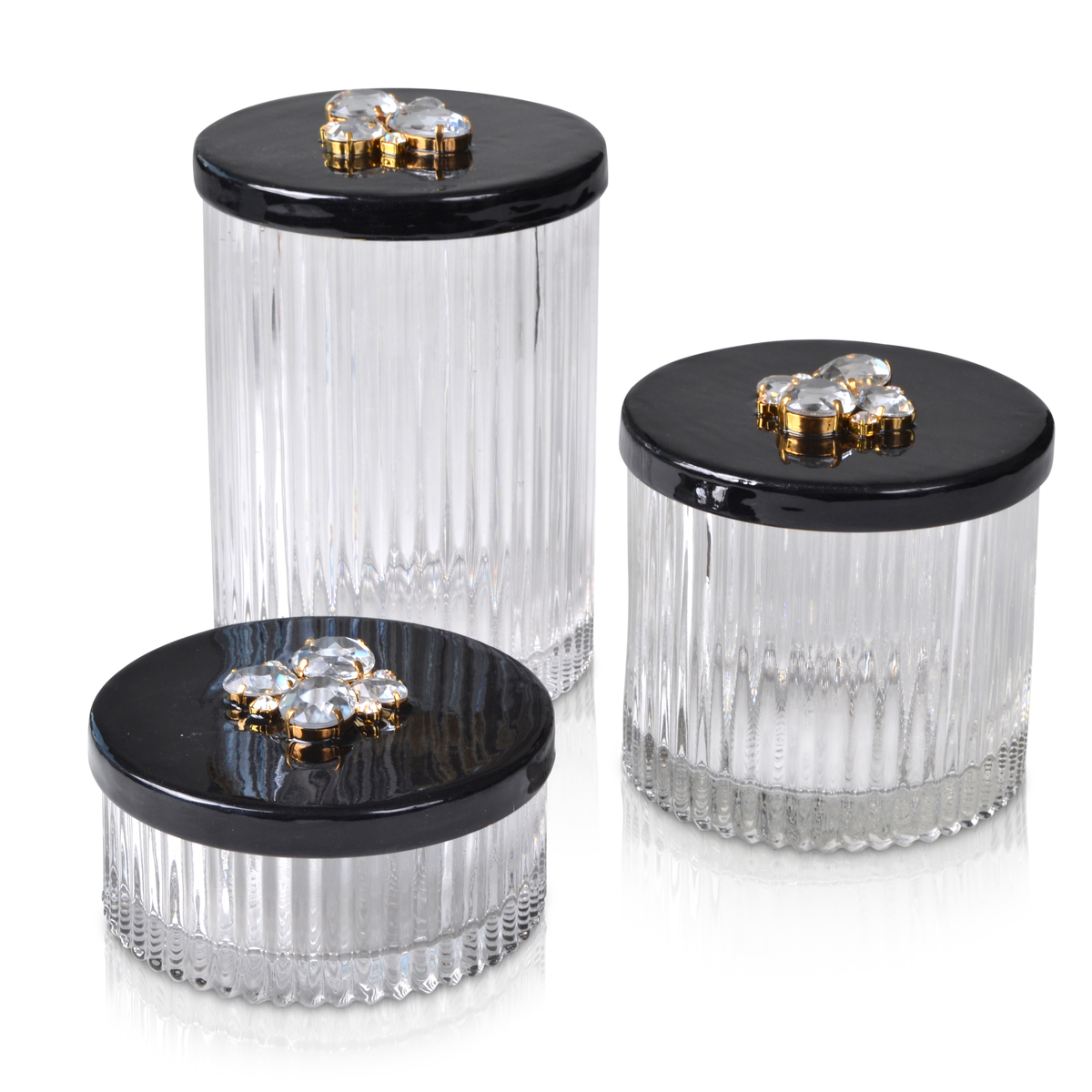 Mike and Ally Vanity Jars Black Enamel Set with Jewel Embellishment on Lid with White Background