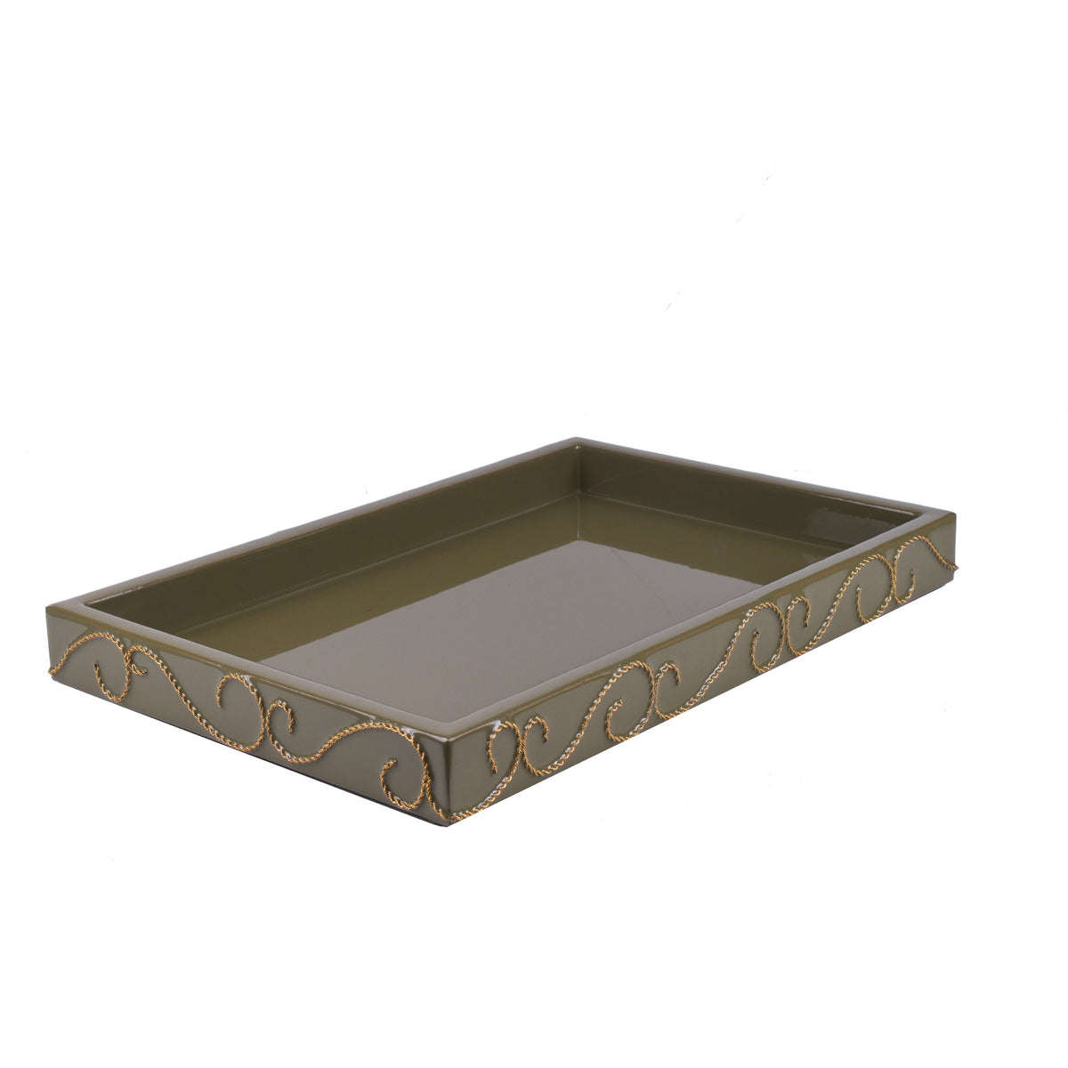 Large Vanity Tray of Mike and Ally Ventus Bath Accessories in Bayleaf and Gold colors