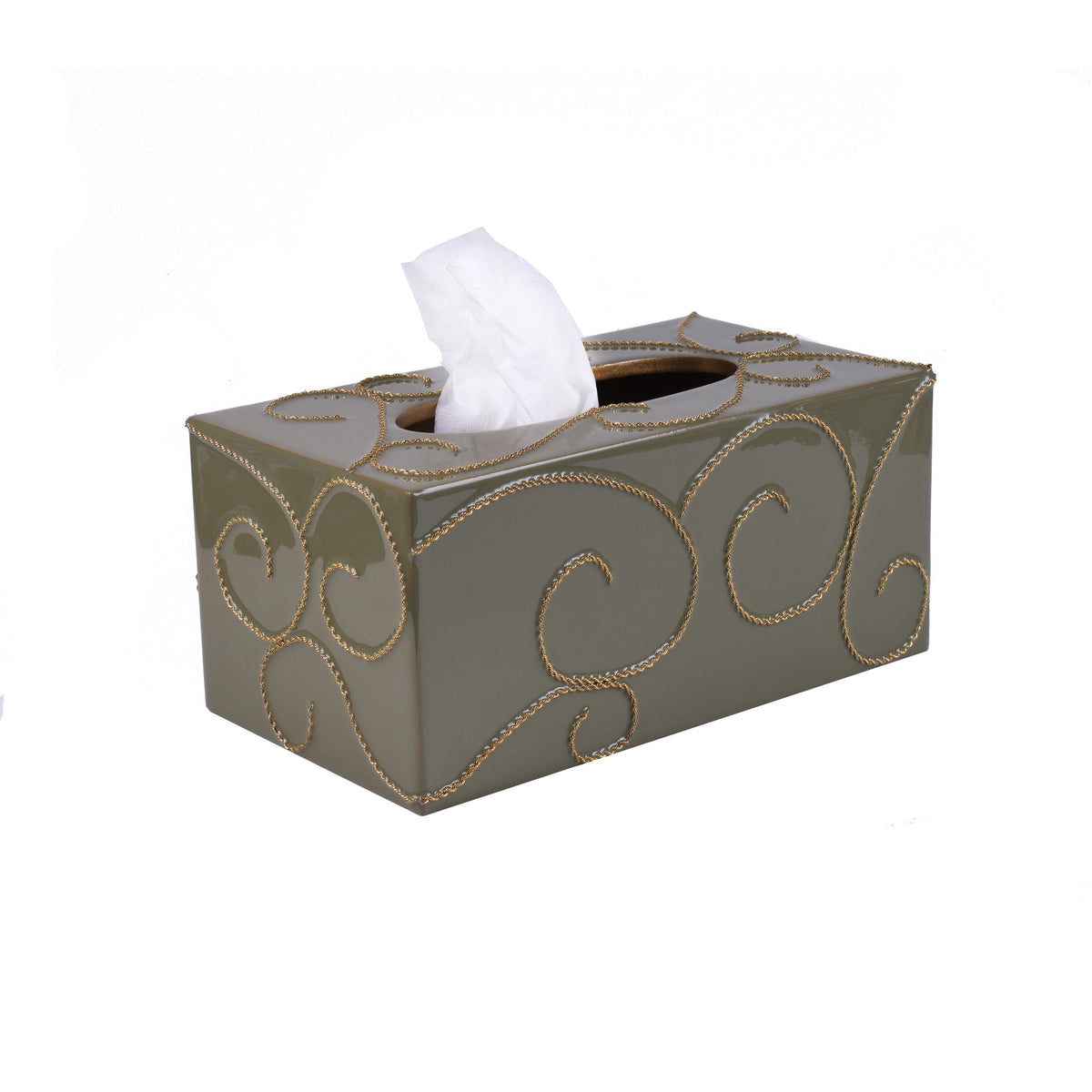 Long Tissue Box of Mike and Ally Ventus Bath Accessories in Bayleaf and Gold colors