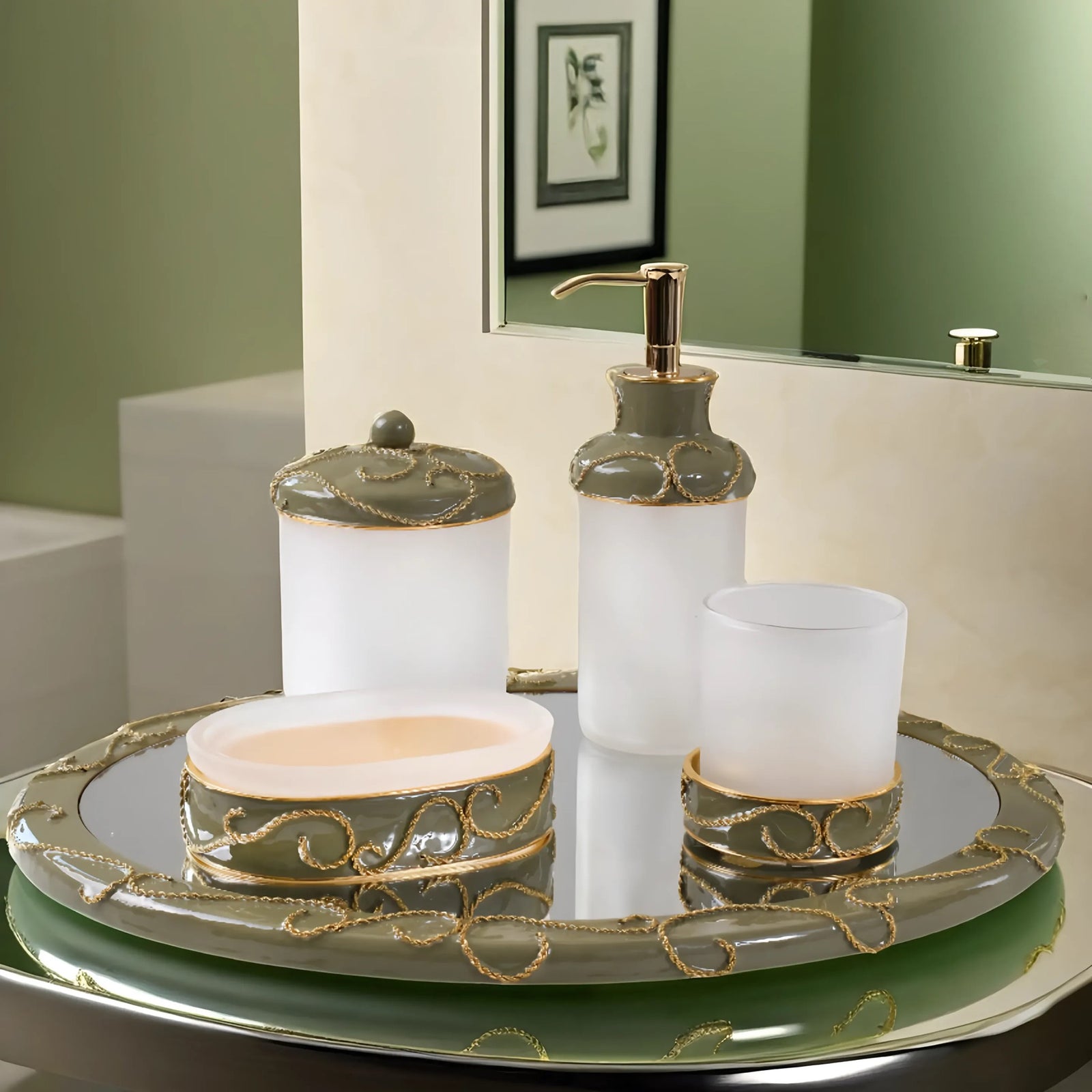 Mike and Ally Ventus Bath Accessories in Bayleaf and Gold colors on a tray. 