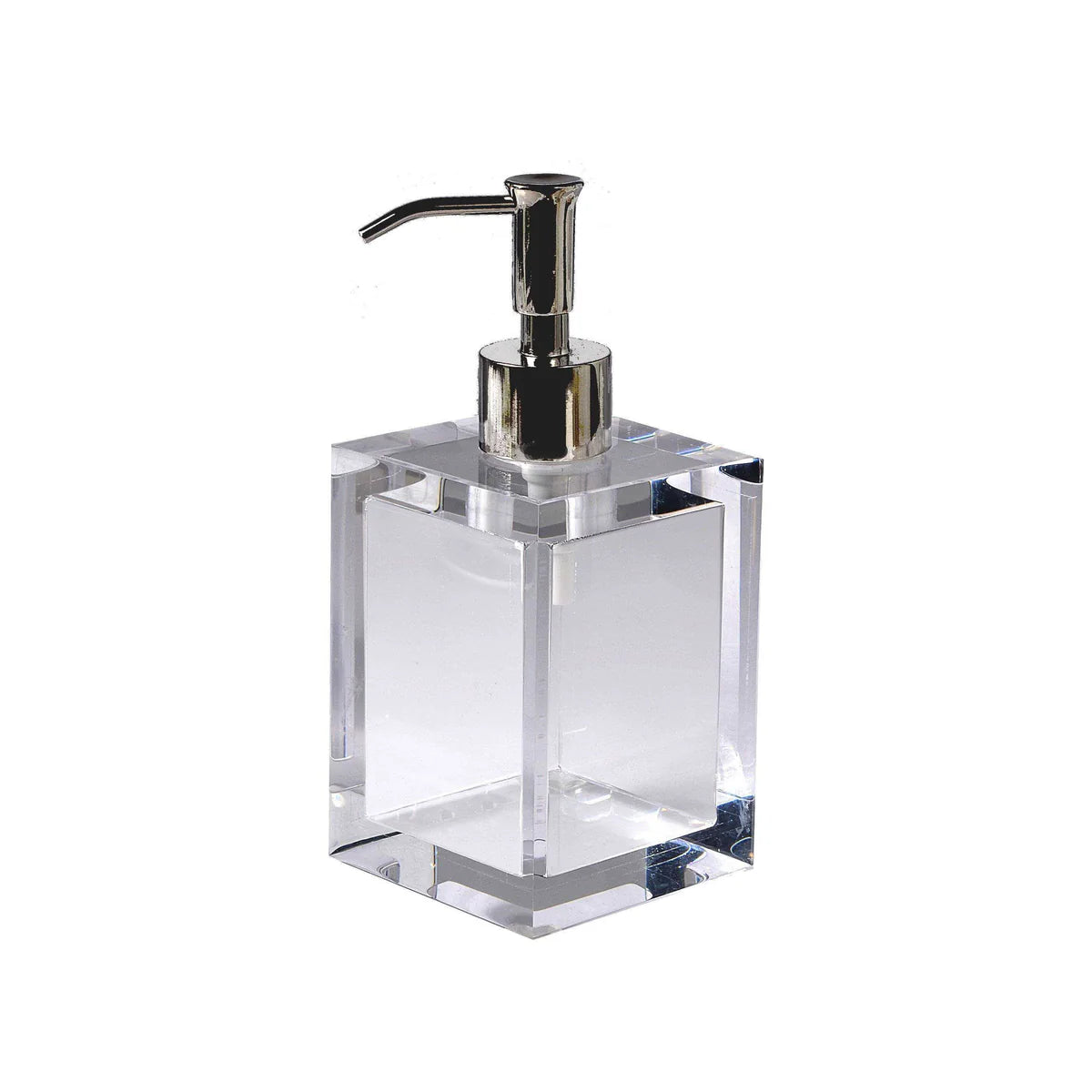 Clear Lucite soap dispenser by Mike and Ally, a luxury bathroom accessory with a metallic pump and rectangular base.