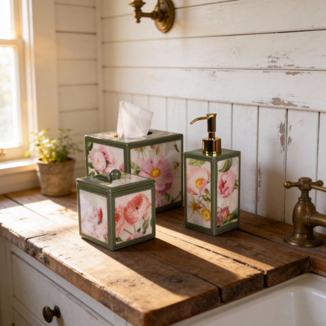 Floral handcrafted bath decor set with soap dispenser, tissue box, and jar on a rustic wood counter by a window.