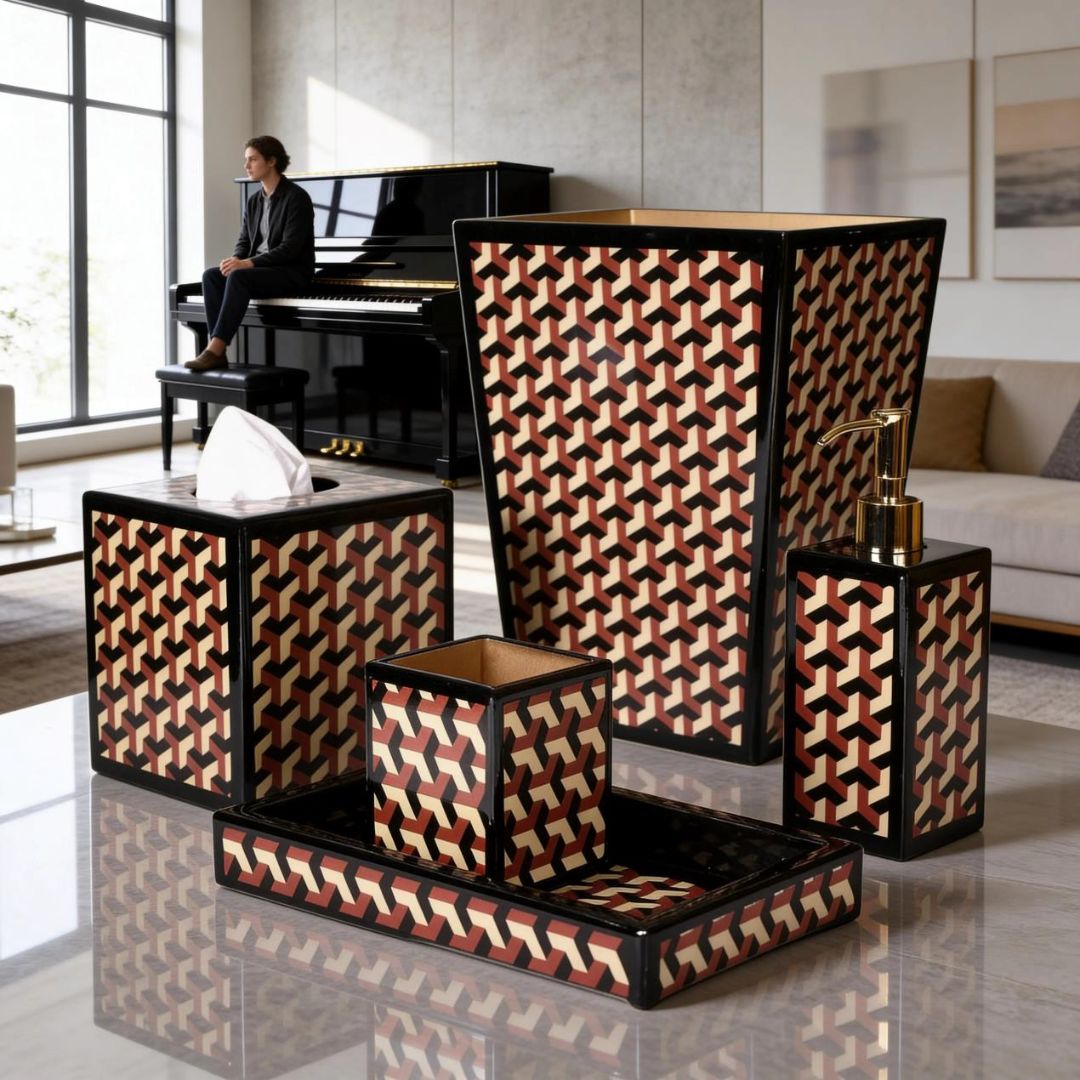 lifestyle image of the Mike and Ally Paperwerks collection shown in a living room on a nice table with a piano in the background