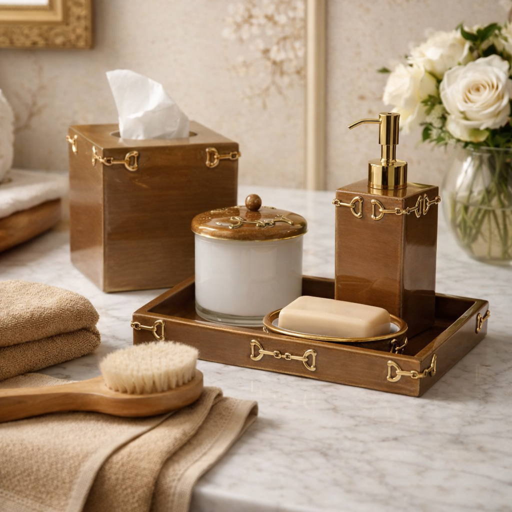 Brown and gold enamel bath accessories from the Hampton Collection on marble, with towels, a brush, and white roses.