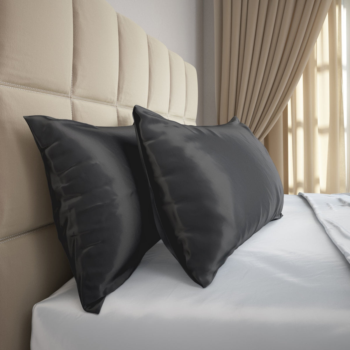 Side View of Mulberry Park Silks Deluxe 19 Momme Pure Silk Pillowcase in Black  Color