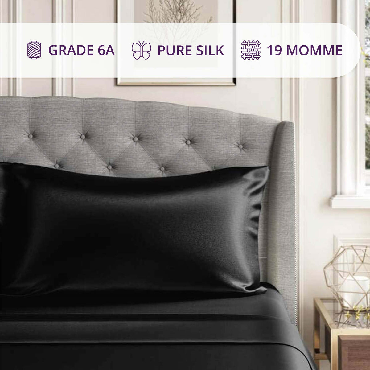 Front View of Mulberry Park Silks Deluxe 19 Momme Pure Silk Pillowcase in Black Color