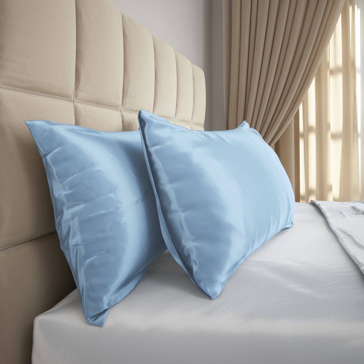 Side View of Mulberry Park Silks Deluxe 19 Momme Pure Silk Pillowcase in Blue Color