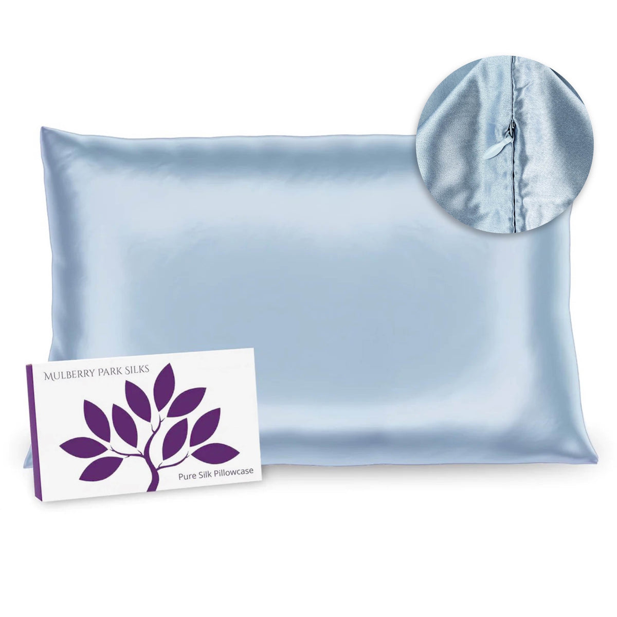 Hidden Zipper of Mulberry Park Silks Deluxe 19 Momme Pure Silk Pillowcase in Blue Color