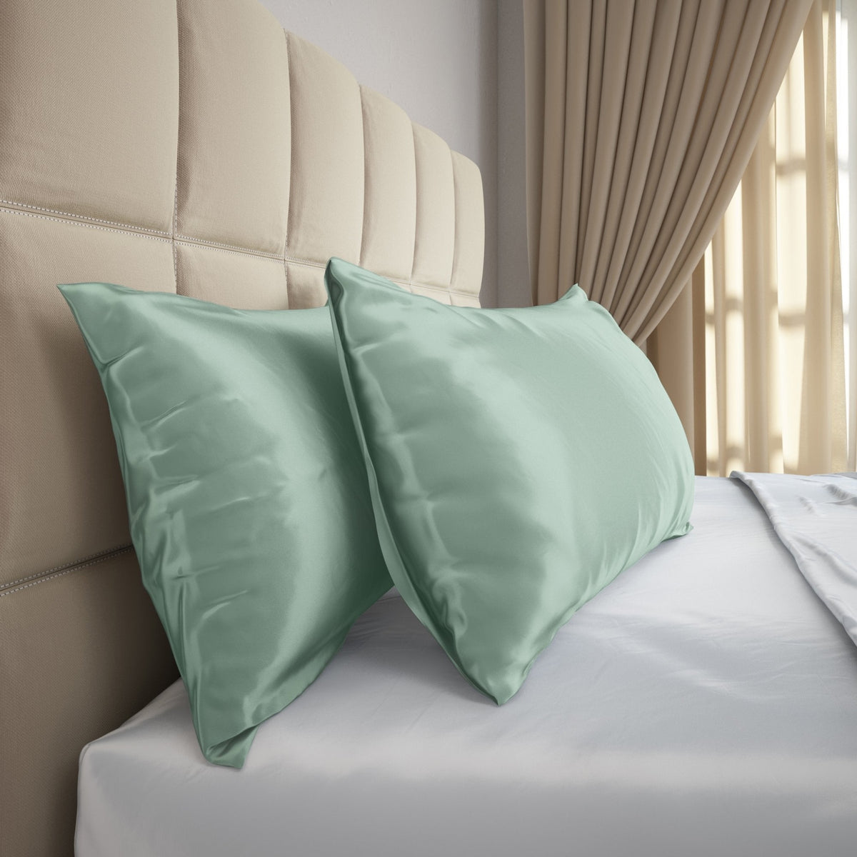 Side View of Mulberry Park Silks Deluxe 19 Momme Pure Silk Pillowcase in Green Color