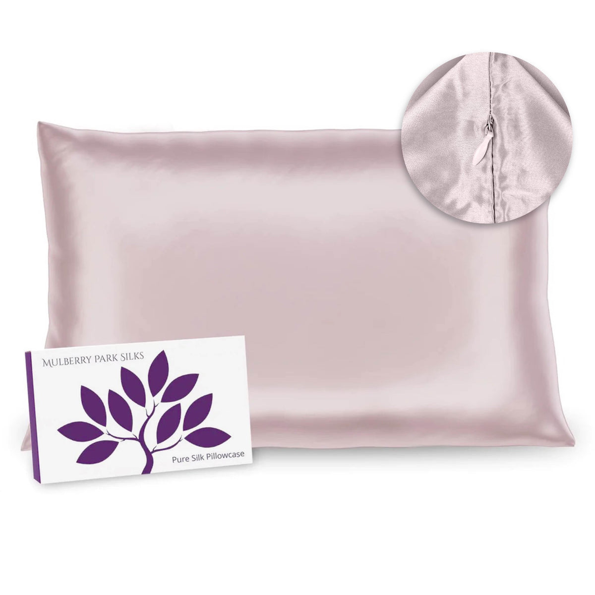 Zoom of Hidden Zipper of Mulberry Park Silks Deluxe 19 Momme Pure Silk Pillowcase in Pink Color with Box