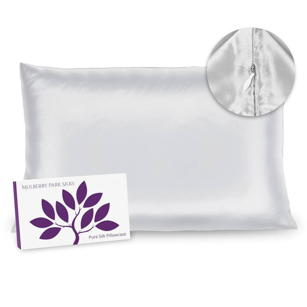 Zoom of Hidden Zipper of Mulberry Park Silks Deluxe 19 Momme Pure Silk Pillowcase in White Color with Box