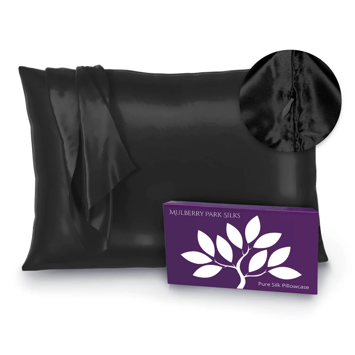 Black Silo Image of Mulberry Park Silks Deluxe 22 Momme Pure Silk Pillowcase with Zipper Detail and Box