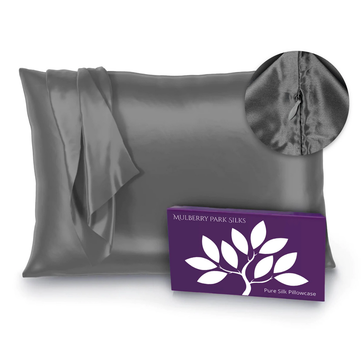 Gunmetal Silo Image of Mulberry Park Silks Deluxe 22 Momme Pure Silk Pillowcase with Zipper Detail and Box