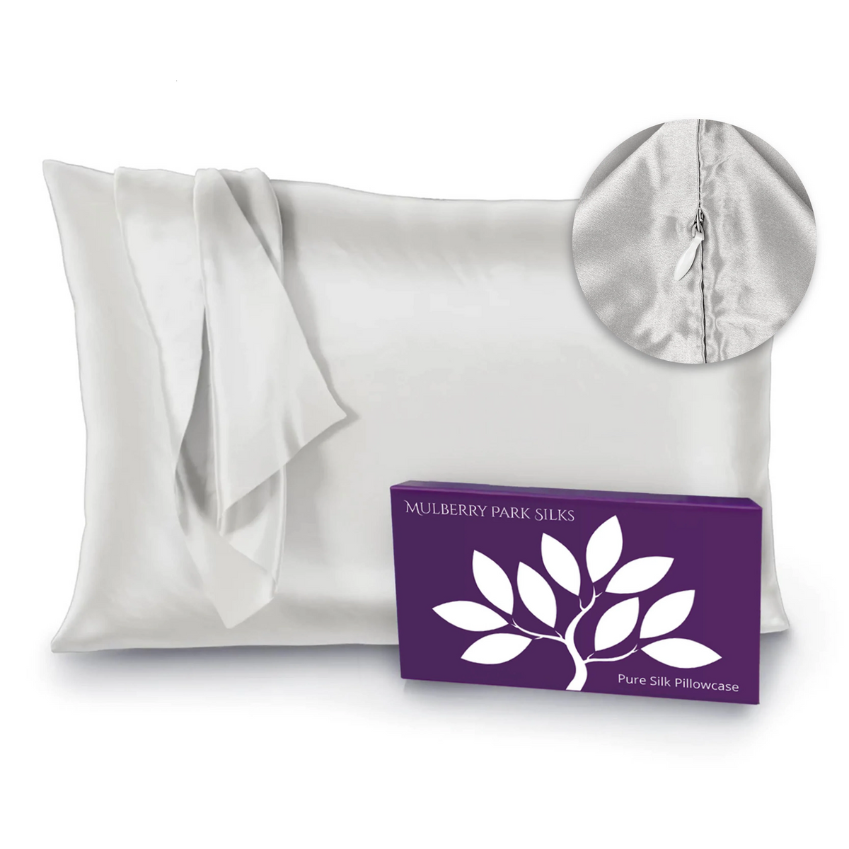 Ivory Silo Image of Mulberry Park Silks Deluxe 22 Momme Pure Silk Pillowcase with Zipper Detail and Box