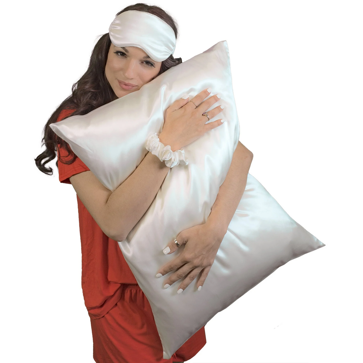 Mulberry Park Silks Deluxe 22 Momme Pure Silk Pillowcase with Model in Color White