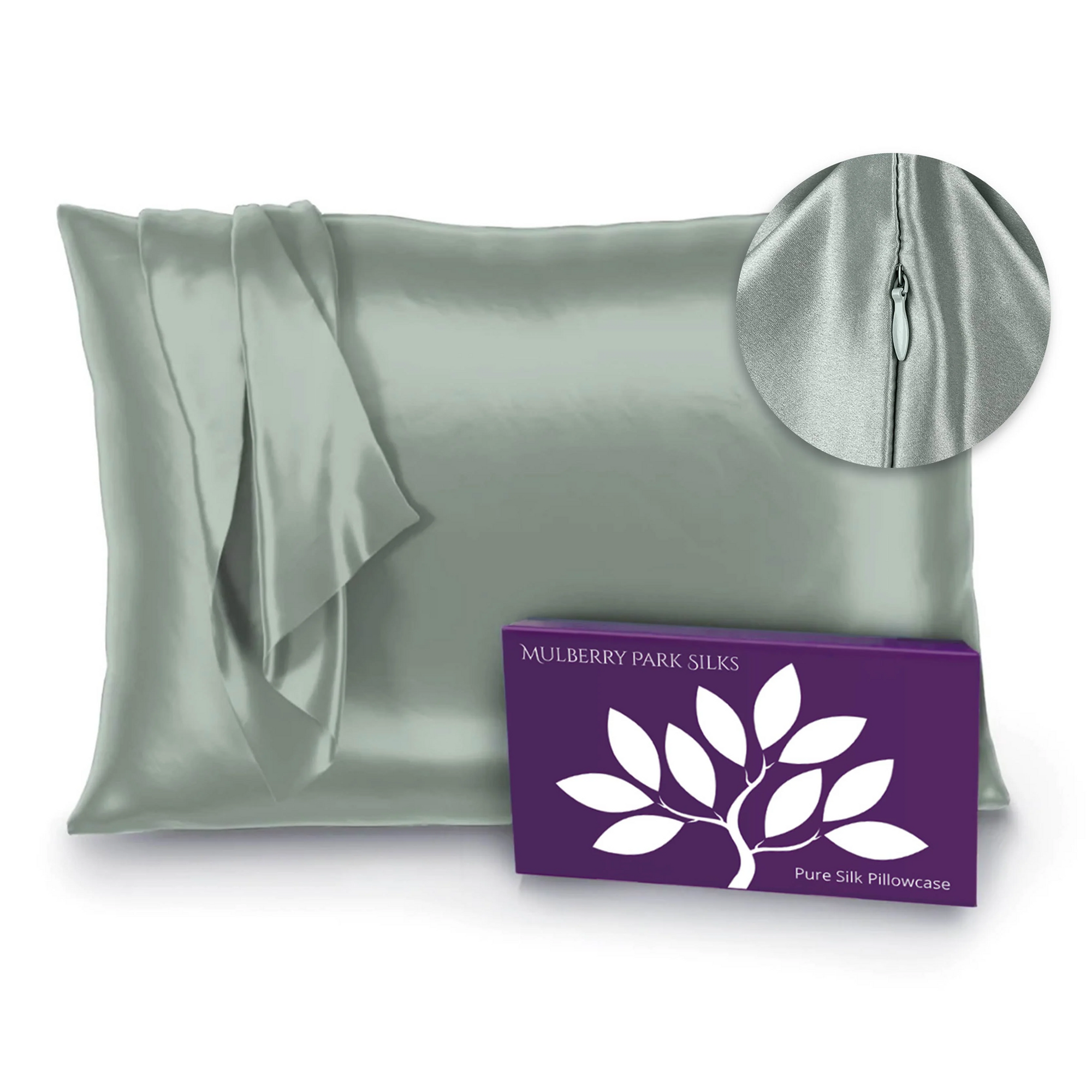 Sage Silo Image of Mulberry Park Silks Deluxe 22 Momme Pure Silk Pillowcase with Zipper Detail and Box