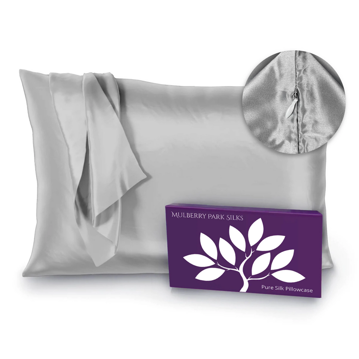 Silver Silo Image of Mulberry Park Silks Deluxe 22 Momme Pure Silk Pillowcase with Zipper Detail and Box